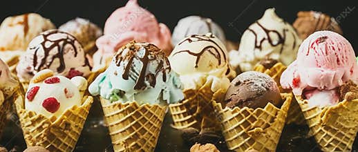 Colorful array of ice cream cones with diverse flavors and toppings, perfect for a summer treat.