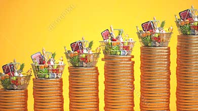 Growth of food sales, growth of market basket, inflation. Shopping basket with foods on coin stacks