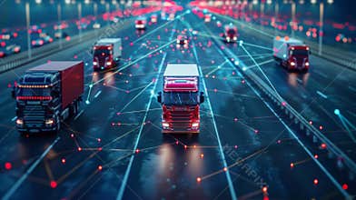 Conceptual image of trucks on a smart global network illustrating fleet management and logistics