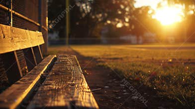 A lone wooden dugout stands in the foreground worn but sy as the sun sets on the serene college baseball diamond. The