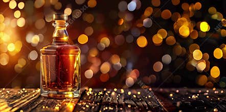 Scotch whiskey or brandy bottle, alcohol drink isolated on the table with luxury golden background and copy space