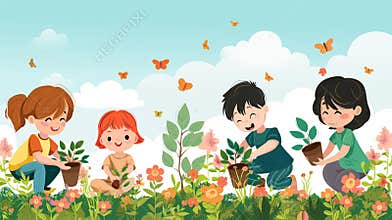 A group of children are planting flowers in a garden, Happy Children's Day