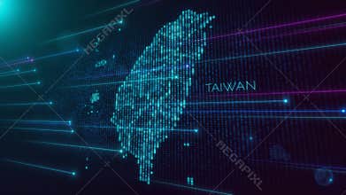 Blue Violet Shiny Perspective Square Hud Particles Mosaic Grid And Text Of Taiwan Region Map With Dotted Lines Light Flare