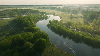 River morning view sunrise misty beauty aerial nature outdoor foggy