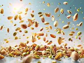 photography of PISTACHIOS falling from the sky, hyperpop colour scheme. glossy, white background Pistachios chopped pile
