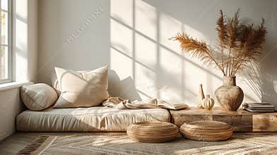 cozy living room decor, minimalist interior design enhanced with a touch of fall a wooden coffee table adorned with