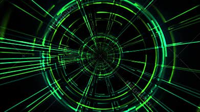 Going through abstract green structure in a shape of digital tunnel made of glowing neon lines
