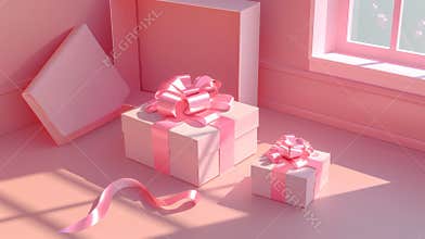 An empty pink gift box with a satin ribbon bow for a birthday, Christmas, Valentine's Day, holiday, or wedding