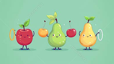 Exercise modern illustration featuring adorable fruit characters. Yoga exercise icon set with fruit characters including