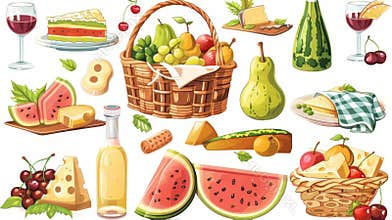 A modern cartoon illustration of a picnic basket on a white background, complete with a fresh watermelon, pear, cherries
