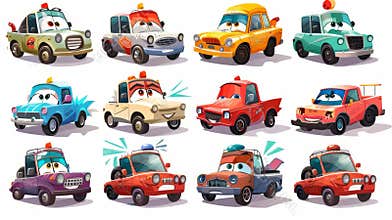 Happy and sad cartoon characters, cute car emoticons with smiling faces, unhappy transport with cracked windshield