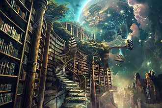 beautiful fantasy library full of magical books