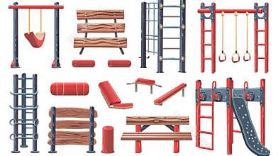 Adult sports icon with wooden bench, ladder, and red metal illustration collection. Cartoon modern illustration of