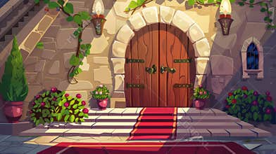 A medieval castle interior with a wooden arched door with potted flowers, stone stairs, red carpet, brick wall, and