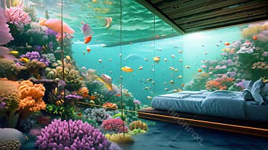 A comfortable room featuring a bed and a captivating fish tank, providing a serene atmosphere for ultimate relaxation, A glass