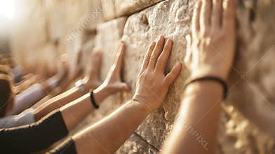 Hands pressed against the stones of the Wailing Wall in Jerusalem, bathed in golden sunlight. The scene captures a