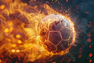 Dynamic fiery soccer ball in mid-air. Conceptual motion and speed. Vibrant colors with dramatic flames. Perfect for