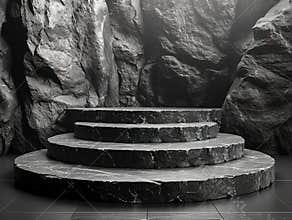 Luxury Dark concept a realistic scene Black Stone with eucalyptus flower decoration pedestal platform backdrop