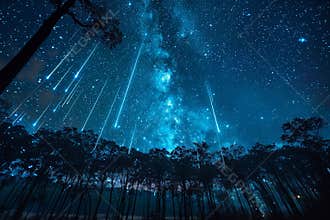 Starry night sky with prolific meteor shower streaking across stars, silhouette of trees, forest and mountains.