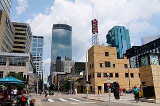 Minneapolis, Minnesota, U.S.A - July 12, 2024 - The tall buildings, offices and restaurants along Nicollet Avenue
