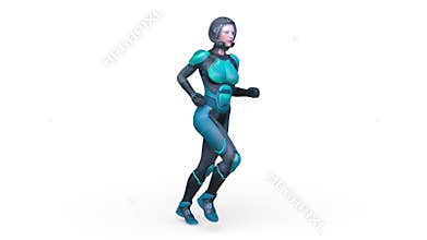 3D rendering of a running cyber woman