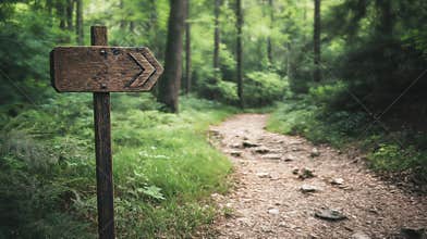 Wooden signpost with arrow along forest trail, guiding hikers, wilderness concept