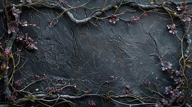Gothic fantasy backdrop framed with dry branches and delicate blooms