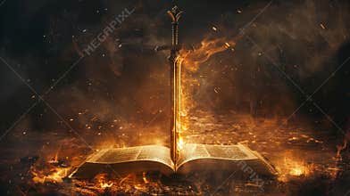 Sword piercing a holy bible surrounded by flames at dusk