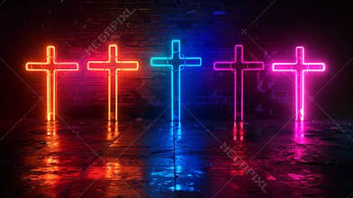 Glowing neon crosses illuminating a dark urban space at night
