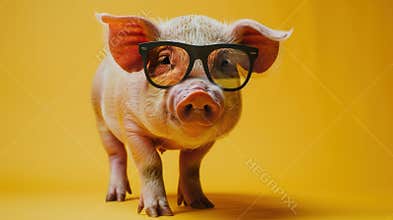 Pink piggy wearing sunglasses, set against a sunny yellow background