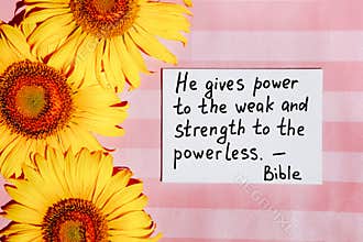 Christian biblical lettering - He gives power to the weak - on pink background with yellow sunflower flowers