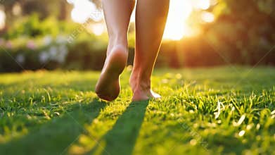 A woman walks barefoot on the grass from a lower angle