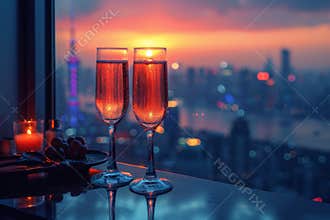 Romantic cityscape dining with cocktails and wineglass overlooking night skyline
