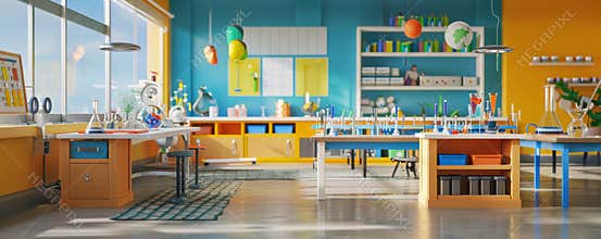 Bright and colorful school science lab equipped with modern educational tools