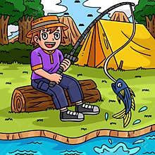 Camping Camper Fishing Colored Cartoon I