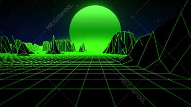 Green retro style landscape with glowing grid, rocky mountains and alien planet moon in the night sky