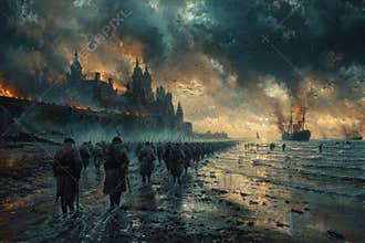 Normandy landing day oil painting of ww2 soldiers running on beach with warships, planes, stormy sky