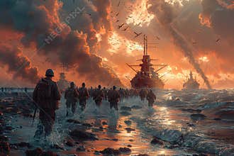 Normandy landing ww2 soldiers on beach, oil painting with warships, fighter planes, dramatic sky