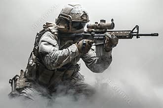Contemporary special operations trooper with rifle, symbolizing army and military themes