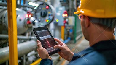 Worker Using Tablet in Industrial Facility