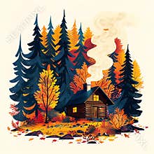 Illustration of Log Cabin Retreat in Fall Forest