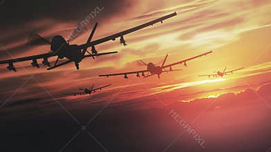 Aircraft silhouetted against stunning sunset, military drones in formation, sky filled with vibrant colors, aviation