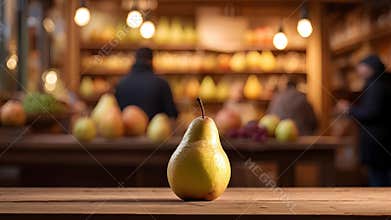 Single pear in rustic market setting with warm lighting, perfect for fall season promotions