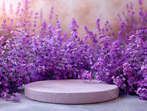 Pedestal for cosmetic product and packaging mockups presentation. Cylinder white and purple podiums with fresh lavender