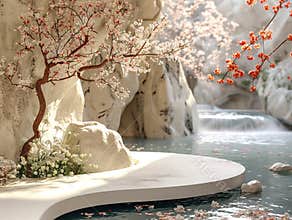 Product display podium scene displayed on transparent clear water texture. Podium background river product 3D platform