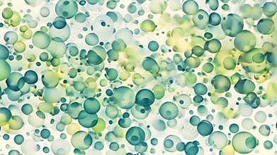 A minimalist design featuring s of tiny bubbles in cool tones of blue and green. The bubbles are arranged in an