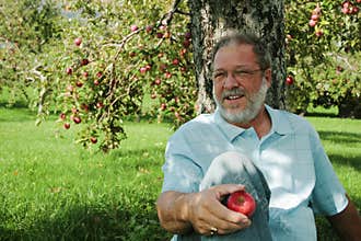 Middle aged man in orchard