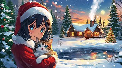 A cute anime girl with blue eyes wearing a Santa hat and holding a cat. In the background is snowy scene with falling