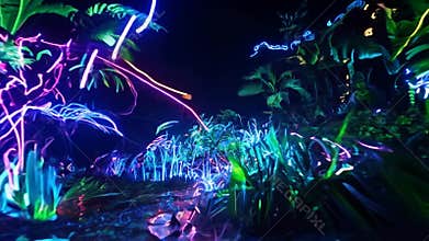 A magical, neon-lit jungle scene at night. Glowing, colorful lights illuminate the lush greenery, creating a surreal and futurist