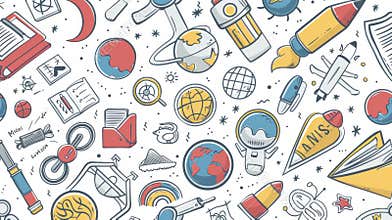 Seamless pattern featuring hand-drawn school and space icons in doodle style, perfect for back to school season. Back to